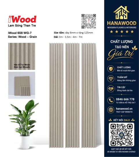 Ốp Tường Tấm Lam Sóng Than Tre Vân Gỗ Xám Nhạt iWood 6S8 WG-7 hiện đại chống mối mọt