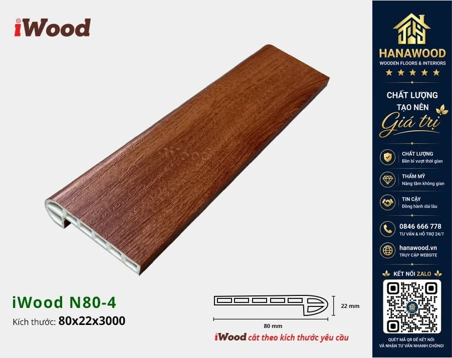 Nẹp Nhựa Cầu Thang Giả Gỗ iWood N80-4 chất liệu nhựa PVC cao cấp độ bền cao