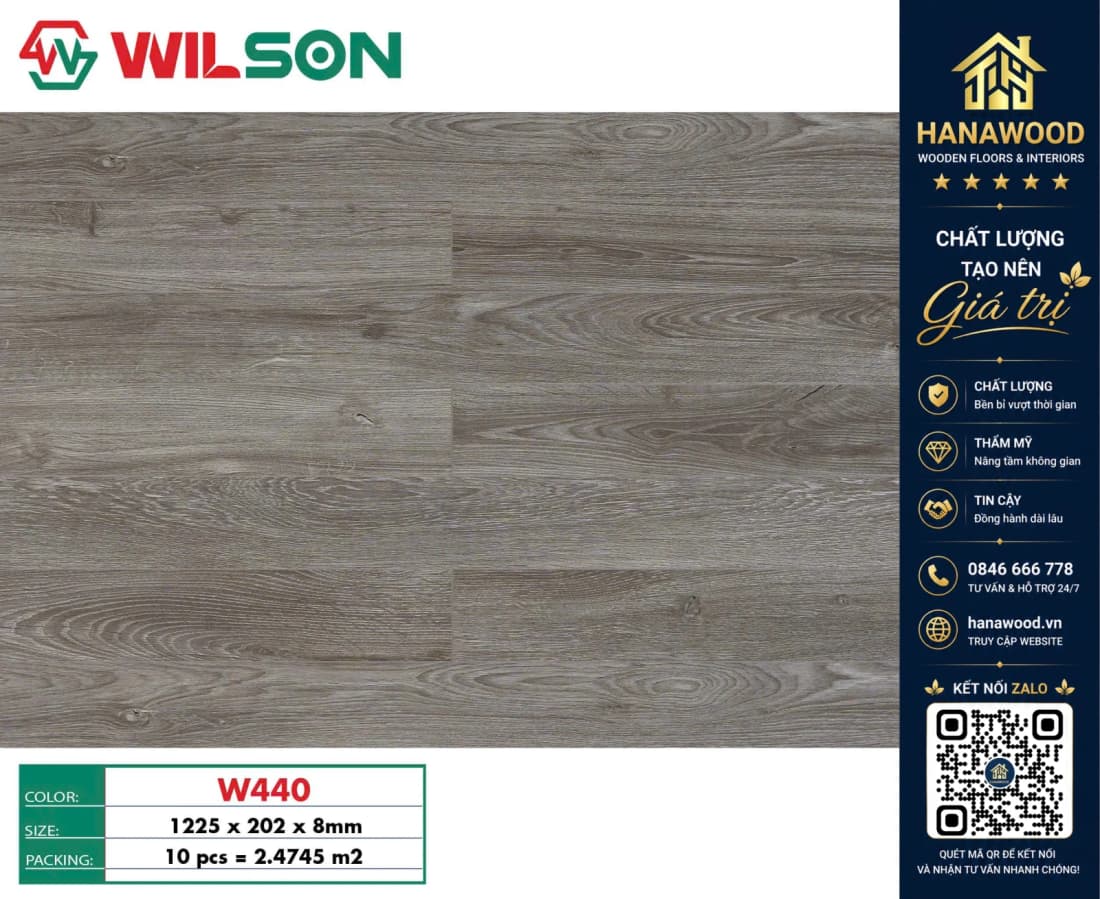 Sàn Gỗ Công Nghiệp Wilson W440 Dày 8mm chống nước hèm khóa khít chịu lực tốt