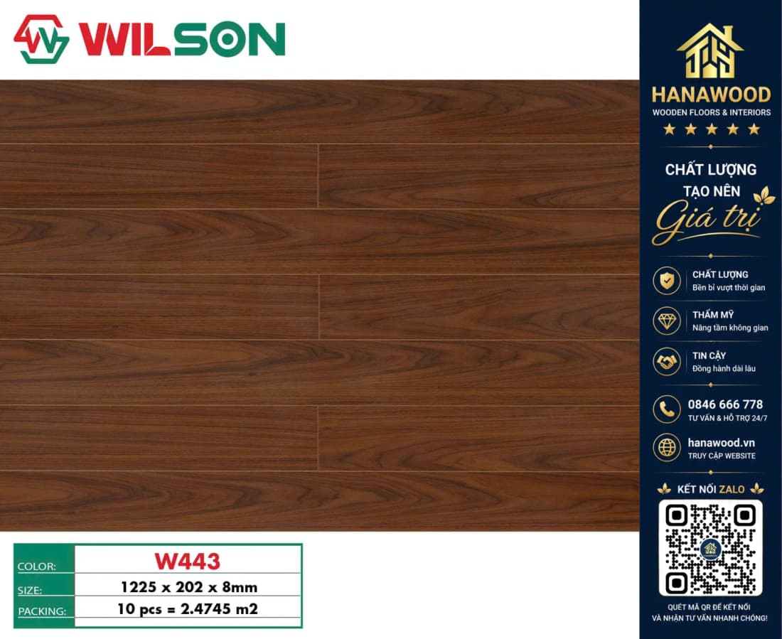 Sàn Gỗ Công Nghiệp Wilson W443 Dày 8mm bề mặt vân gỗ tự nhiên chống bám bụi