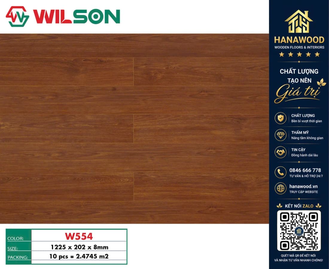 Sàn Gỗ Công Nghiệp Wilson W554 Dày 8mm chống ẩm mốc hèm khóa lắp ghép nhanh