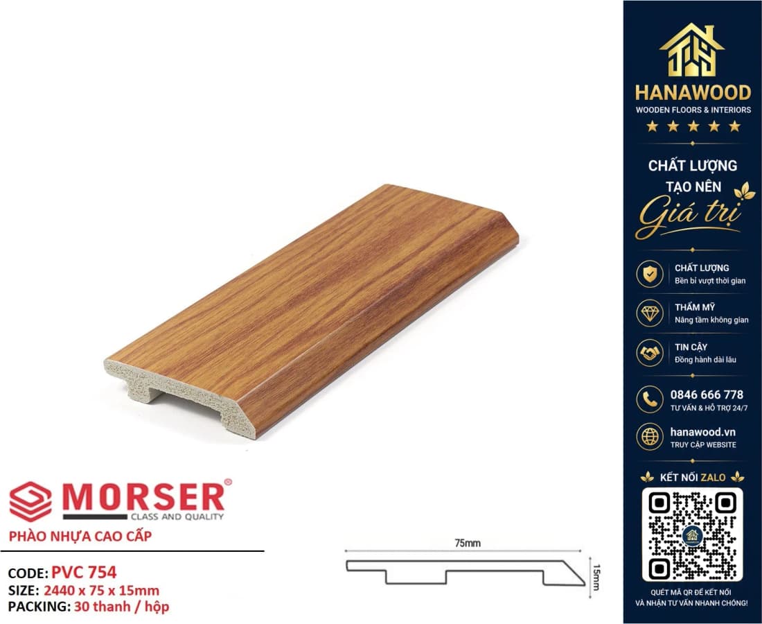 Len Chân Tường Nhựa PVC Vân Gỗ Charmwood PVC754 Cao 75mm chống nước tuyệt đối dễ lau chùi