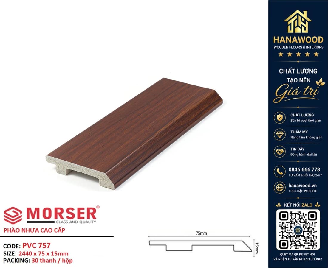 Len Chân Tường Nhựa PVC Giả Gỗ Morser PVC757 Cao 75mm tính năng chống trầy xước che khe hở tường