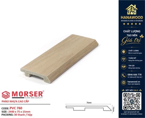Len Chân Tường Nhựa PVC Giả Gỗ Morser PVC760 Cao 75mm phôi nhựa cứng cáp bám dính tốt