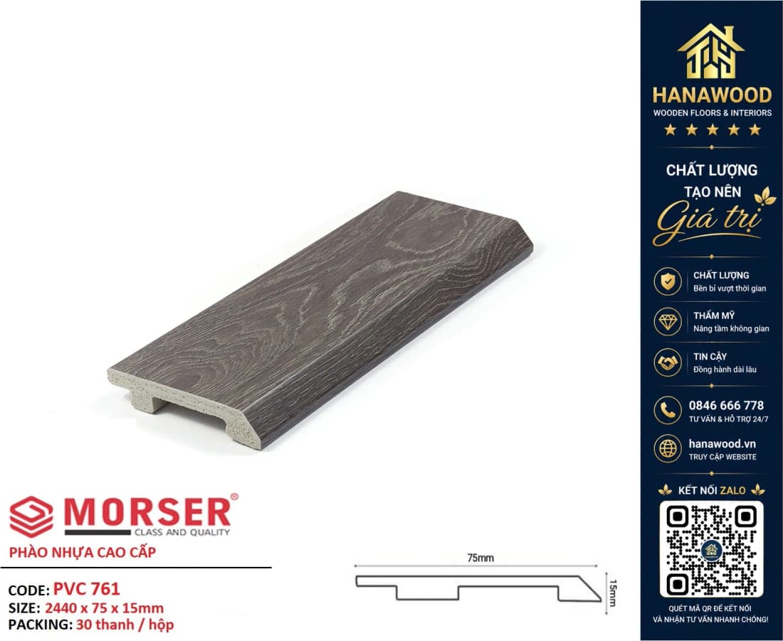 Len Nhựa Chân Tường PVC Giả Gỗ Morser PVC761 Cao 75mm hoa văn tinh tế tạo điểm nhấn chân tường