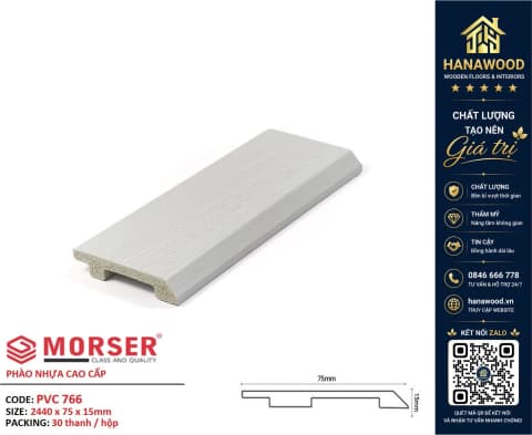 Len Chân Tường Nhựa PVC Giả Gỗ Màu Trắng Morser PVC766 Cao 75mm tone màu trắng sáng tinh tế