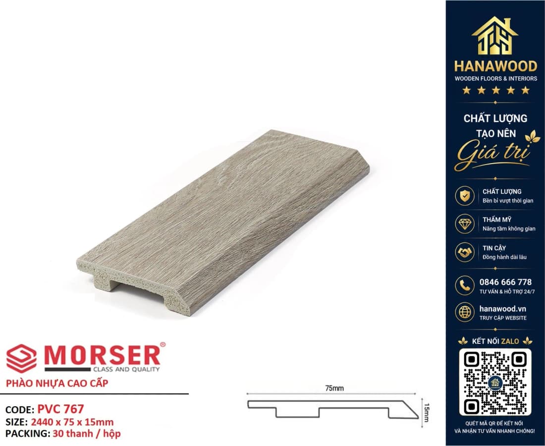 Len Chân Tường Nhựa Giả Gỗ Morser PVC767 Cao 75mm chất liệu composite cao cấp độ bền lâu dài