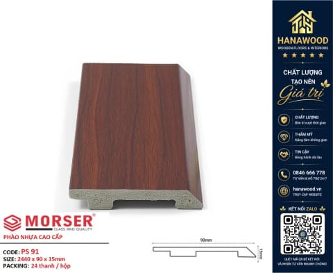 Len Chân Tường Nhựa PVC Giả Gỗ Charmwood PS91 Cao 90mm chống nước tuyệt đối không mối mọt