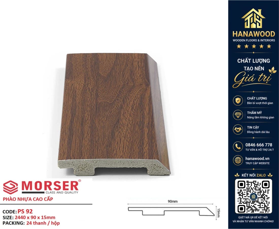Len Nhựa Chân Tường PVC Giả Gỗ Charmwood PS92 Cao 90mm bề mặt phủ vân gỗ tự nhiên sang trọng