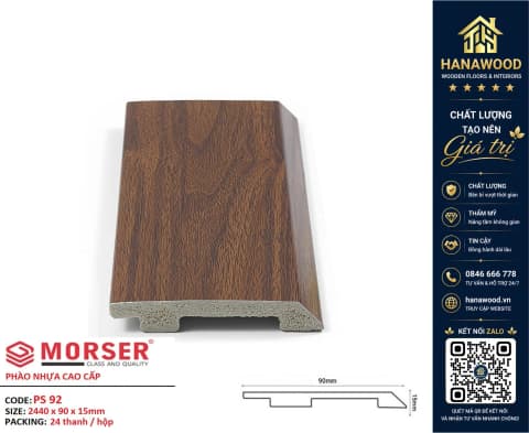 Len Nhựa Chân Tường PVC Giả Gỗ Charmwood PS92 Cao 90mm bề mặt phủ vân gỗ tự nhiên sang trọng