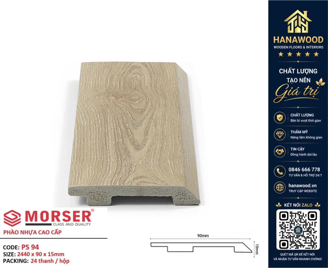 Len Chân Tường Nhựa PVC Giả Gỗ Morser PS94 Cao 90mm chất liệu nhựa PVC cao cấp dễ vệ sinh