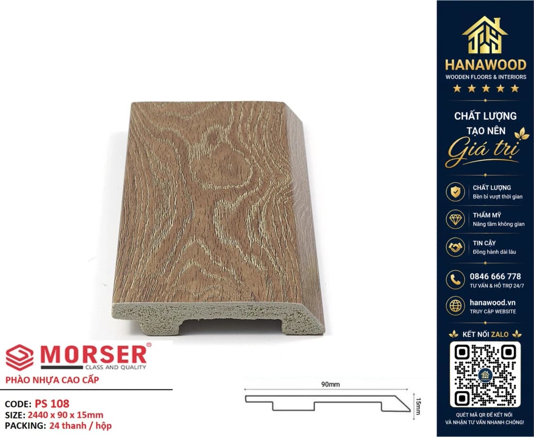 Len Chân Tường Nhựa PVC Giả Gỗ Charmwood PS108 Cao 90mm chất liệu composite chống mối mọt