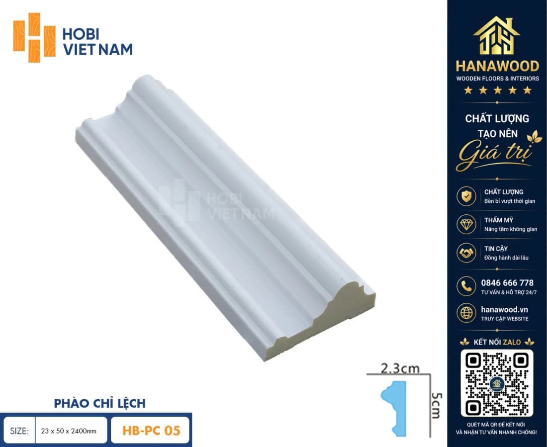 Phào Chỉ Lệch PU Hobi Wood HB-PC05 bề mặt láng mịn sơn phủ màu dễ dàng