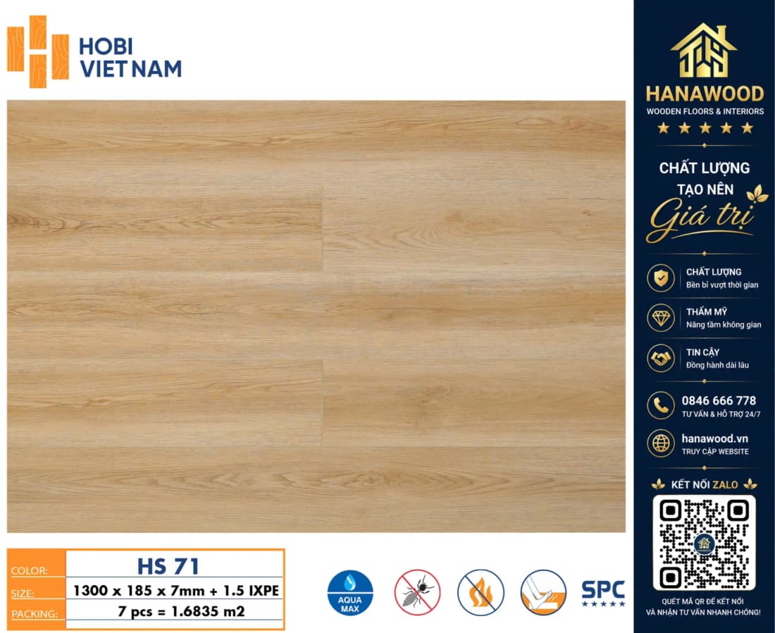 Sàn Nhựa Hèm Khóa SPC 7mm Hobiwood HS71 chống ẩm mốc không cong vênh chịu lực tốt