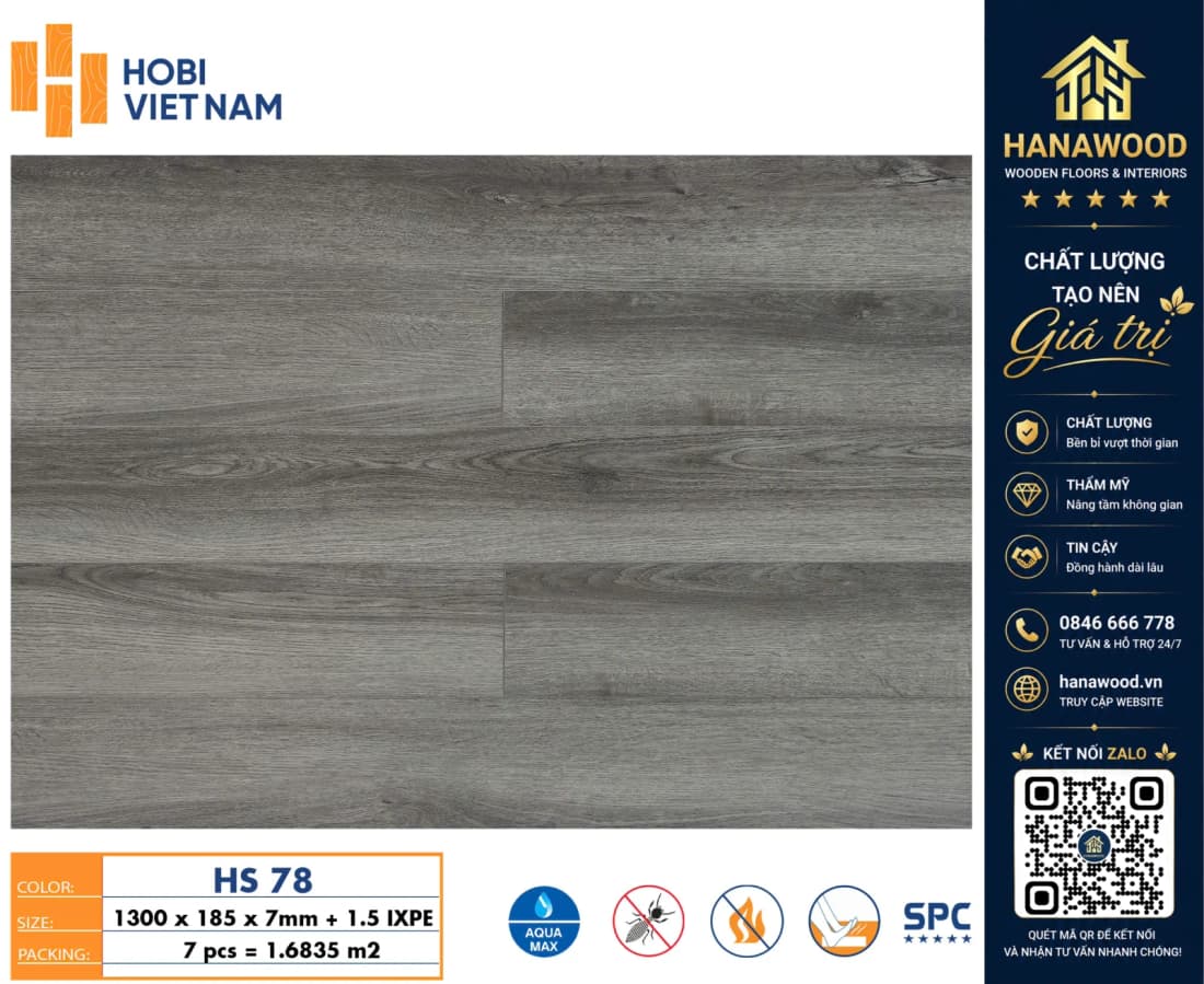 Sàn Nhựa Hèm Khoá SPC Hobiwood HS78 Dày 7mm bề mặt vân gỗ tự nhiên chống mối mọt