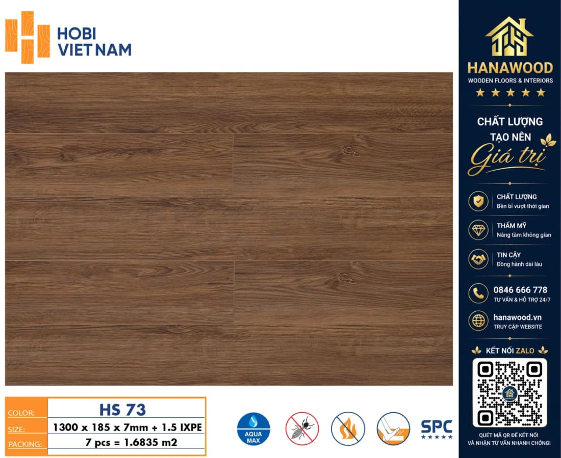 Sàn Nhựa Giả Gỗ Hèm Khoá Hobiwood HS73 Dày 7mm tone màu ấm cúng cách âm cách nhiệt tốt