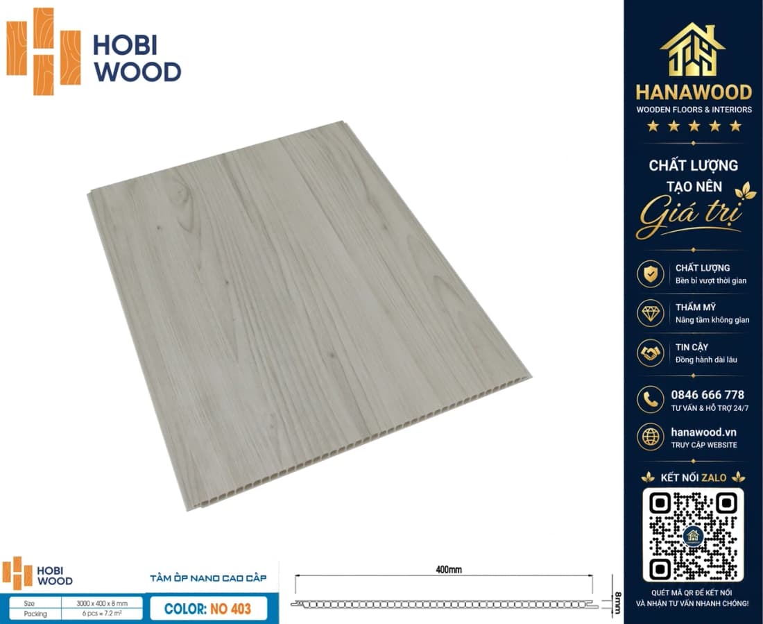 Tấm Nhựa Ốp Tường Nano Giả Gỗ HobiWood NO-403 khả năng chống nước tuyệt đối không mối mọt