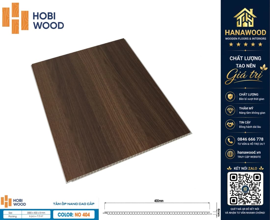 Tấm Nhựa Ốp Tường Nano HobiWood NO-404 Giả Gỗ chất liệu nhựa PVC nguyên sinh chịu lực tốt