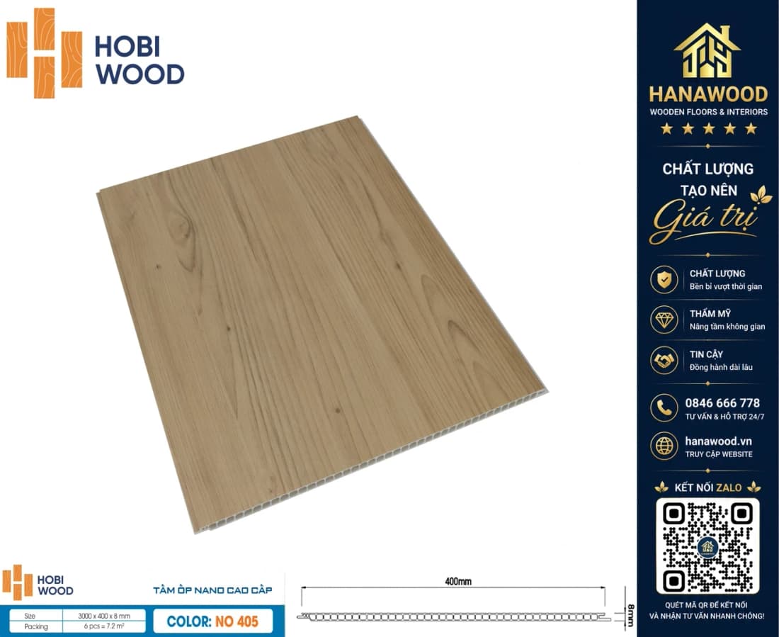 Ốp Tường Tấm Nhựa Nano Giả Gỗ HobiWood NO-405 tông màu mộc mạc sang trọng hiện đại