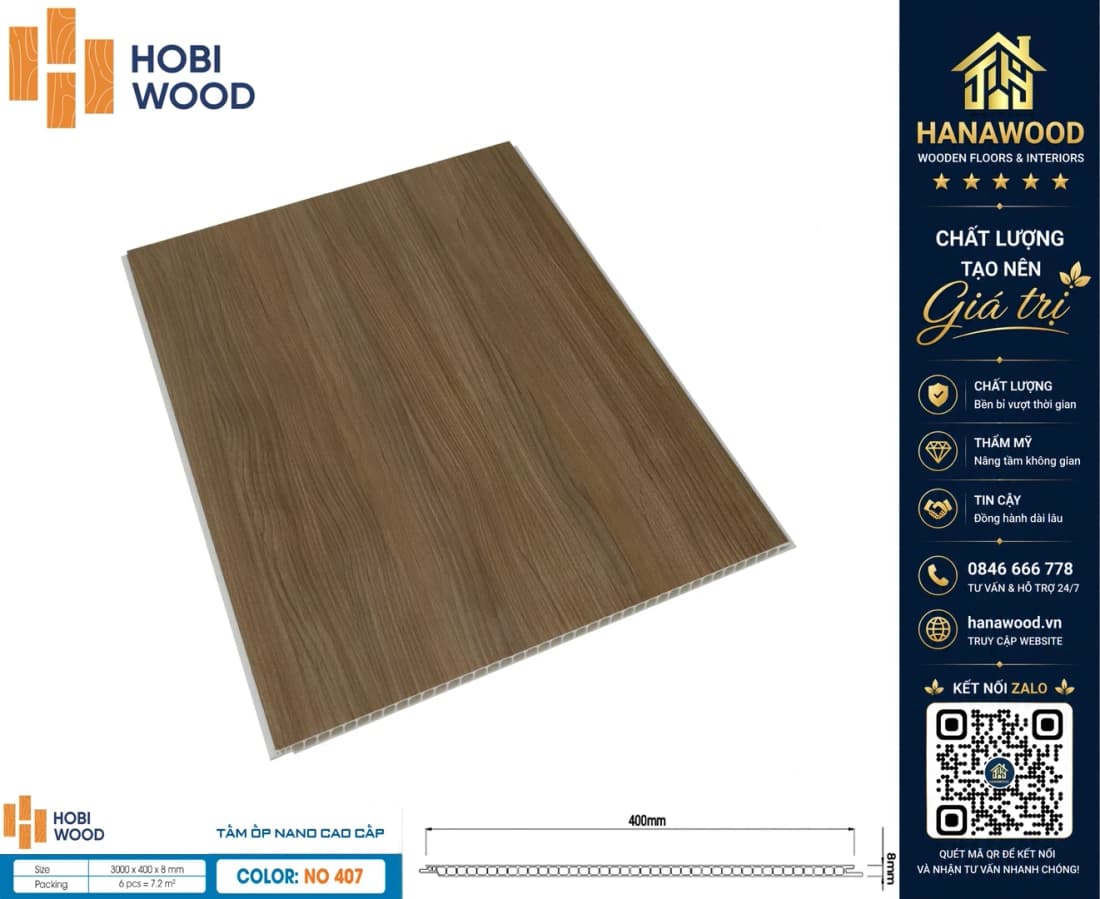 Tấm Nhựa Ốp Tường HobiWood NO-407 Giả Vân Gỗ hèm khóa lắp ghép chuẩn xác không bám bẩn