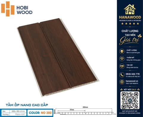 Tấm Nhựa Ốp Tường Nano HobiWood NO-202 Giả Gỗ bề mặt phủ film vân gỗ chống bám bụi