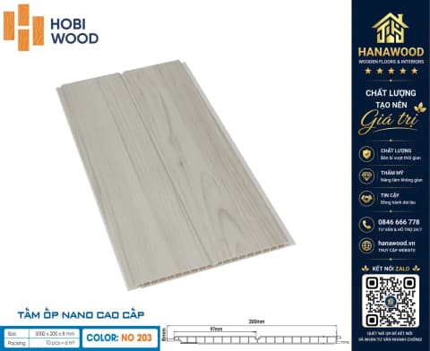 Tấm Nhựa Ốp Trần Nano HobiWood NO-203 Giả Vân Gỗ chống nước tuyệt đối không mối mọt