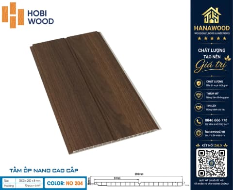 Tấm Nano Nhựa Ốp Tường Ốp Trần HobiWood NO-204 chất liệu nhựa PVC nguyên sinh chịu lực tốt