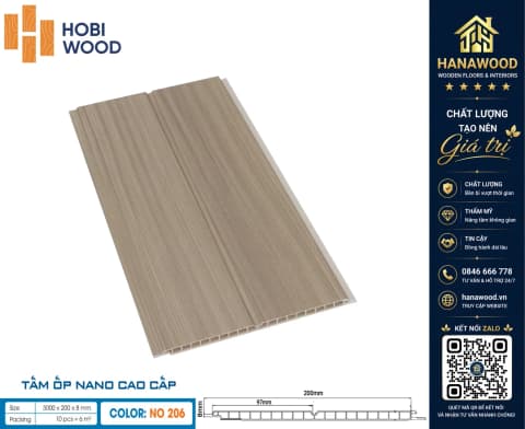 Tấm Nano Nhựa Giả Vân Gỗ Ốp Trần HobiWood NO-206 cách âm cách nhiệt hiệu quả chống cháy lan