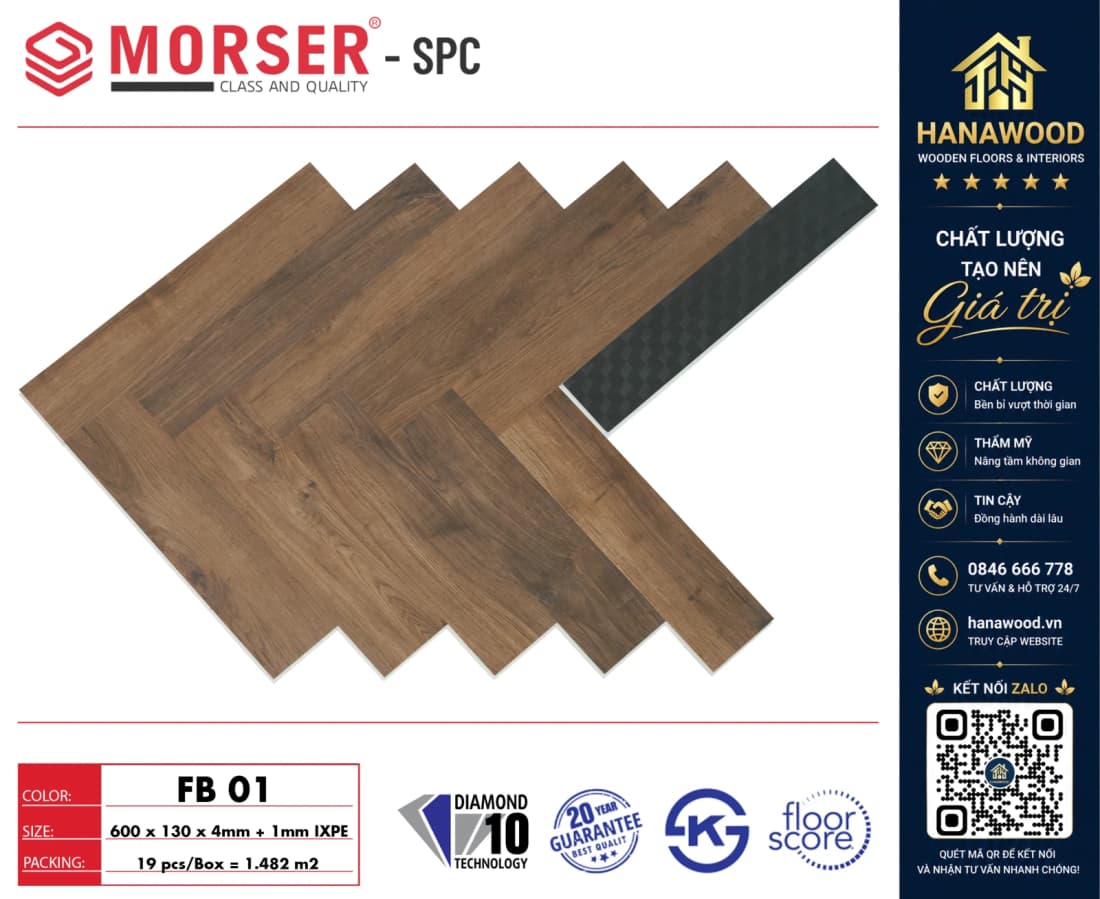 Sàn Nhựa Hèm Khóa Xương Cá 4mm Morser FB01 chống ẩm mốc chịu lực tốt không cong vênh