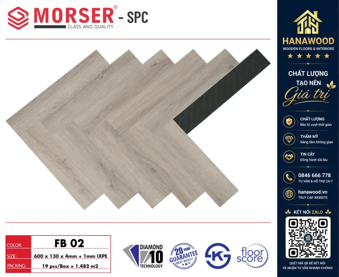 Sàn Nhựa Hèm Khóa Xương Cá 4mm Morser FB02 bề mặt vân gỗ tự nhiên chống mối mọt