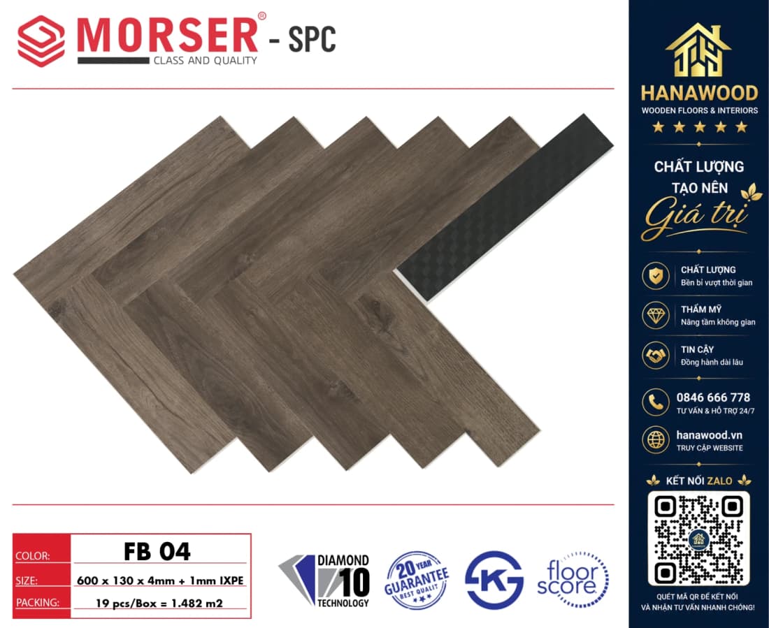 Sàn Nhựa Hèm Khóa Xương Cá 4mm Morser FB04 chống nước tuyệt đối hèm khóa liên kết khít