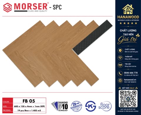 Sàn Nhựa Hèm Khóa Xương Cá 4mm Morser FB05 cốt nhựa SPC siêu bền không bám bụi