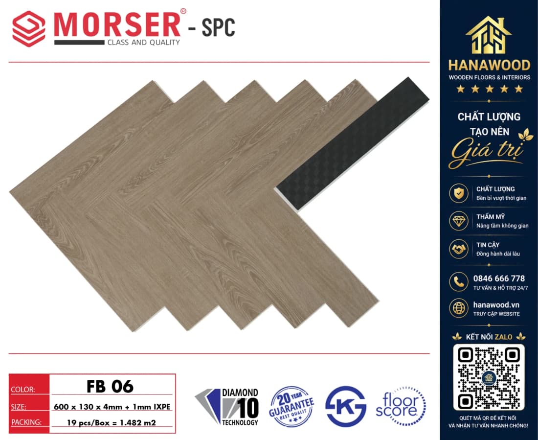 Sàn Nhựa Hèm Khóa Xương Cá 4mm Morser FB06 tone màu ấm cúng cách âm cách nhiệt tốt