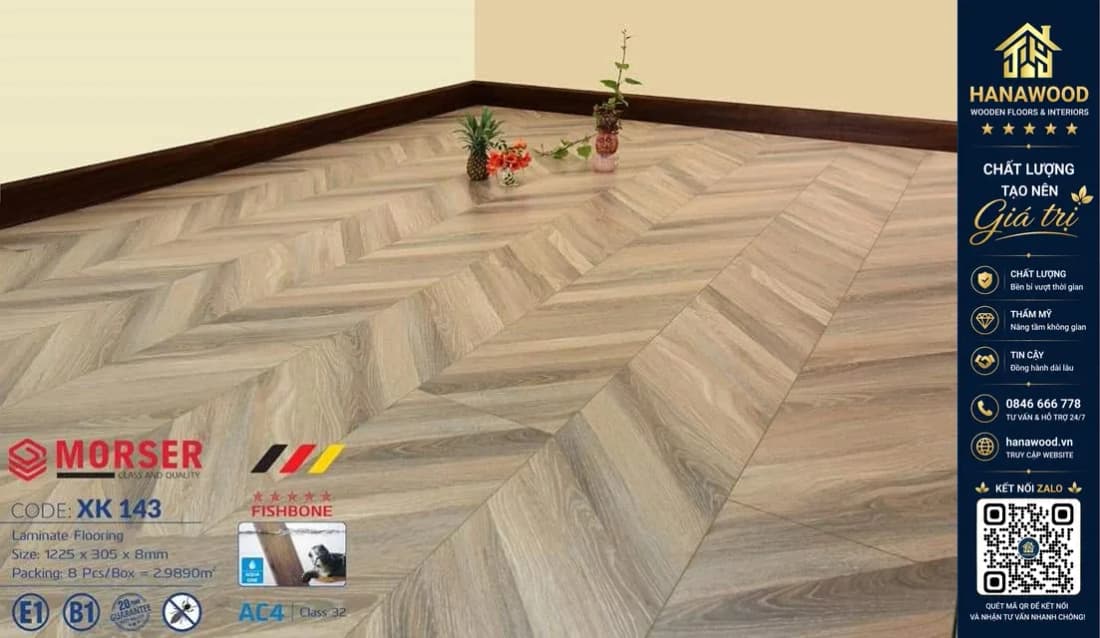 Sàn Gỗ Vân Xương Cá Morser XK143 Dày 8mm tone màu hiện đại phù hợp mọi không gian