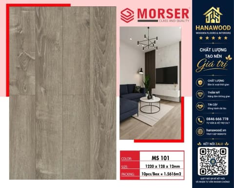 Sàn Gỗ Công Nghiệp Morser MS101 Dày 12mm bề mặt vân gỗ tự nhiên chống trầy xước