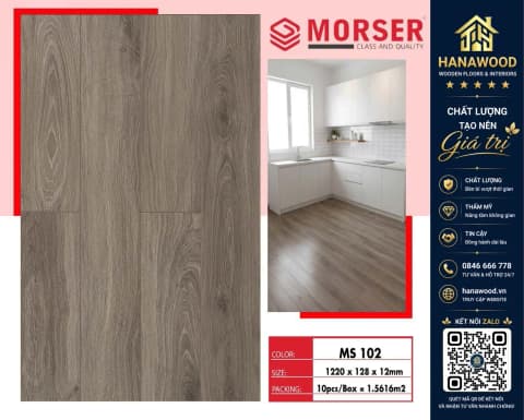 Sàn Gỗ Cốt Xanh Kháng Ẩm Morser MS102 Dày 12mm cốt nhựa HDF siêu bền không mối mọt