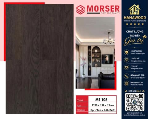 Sàn Gỗ Cốt Xanh Kháng Ẩm Morser MS108 Dày 12mm chống ẩm mốc trần nhà độ bền lâu dài
