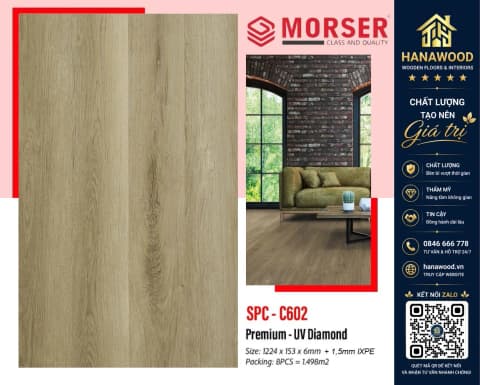 Sàn Nhựa Vinyl Hèm Khóa Morser C602 Dày 6mm chống nước tuyệt đối hèm khóa liên kết khít
