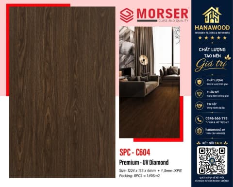 Sàn Nhựa Giả Gỗ Hèm Khóa Morser C604 Dày 6mm tone màu ấm cúng cách âm cách nhiệt tốt