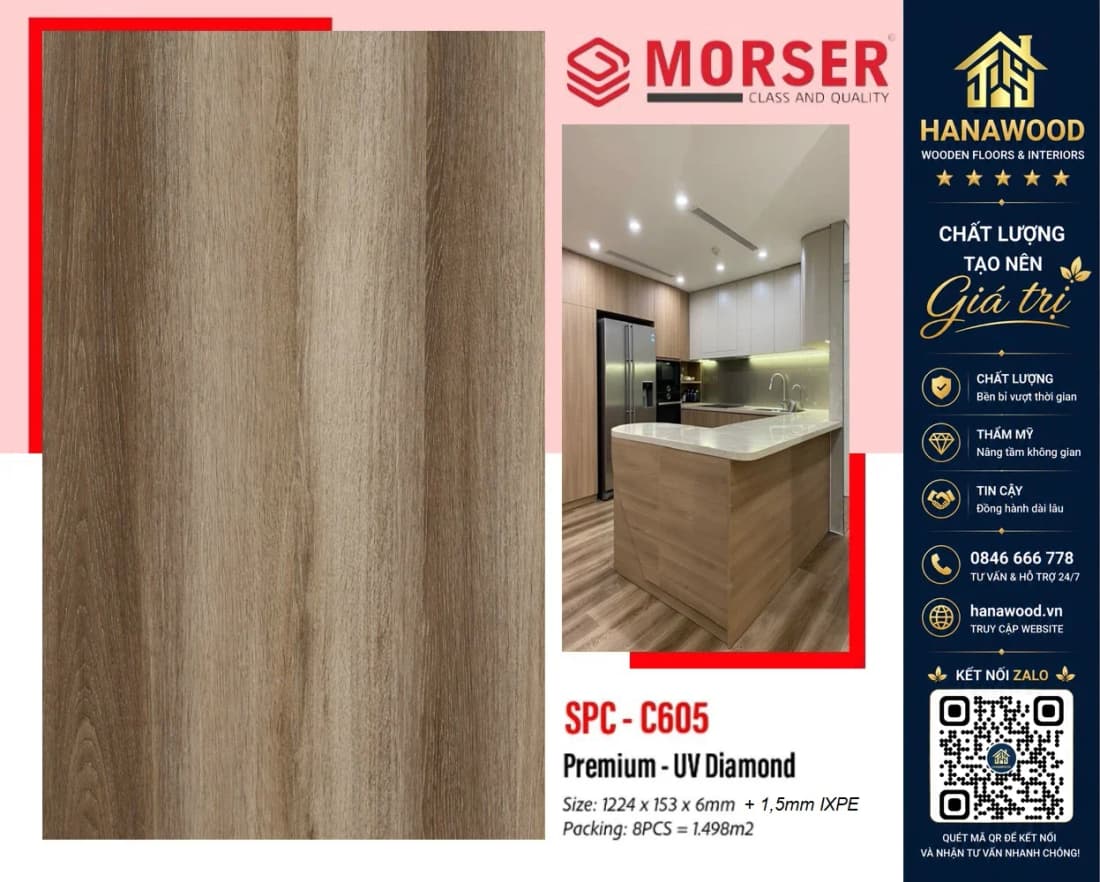 Sàn Nhựa Giả Vân Gỗ Hèm Khóa Morser C605 Dày 6mm tính năng chống trầy xước an toàn người dùng