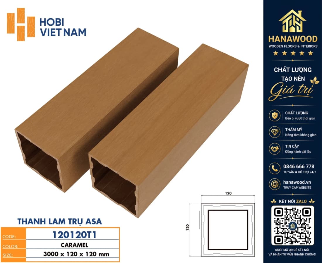 Thanh Lam Nhựa Giả Gỗ Phủ ASA Hobiwood 120120T1 chịu nắng mưa chống rêu mốc không cong vênh