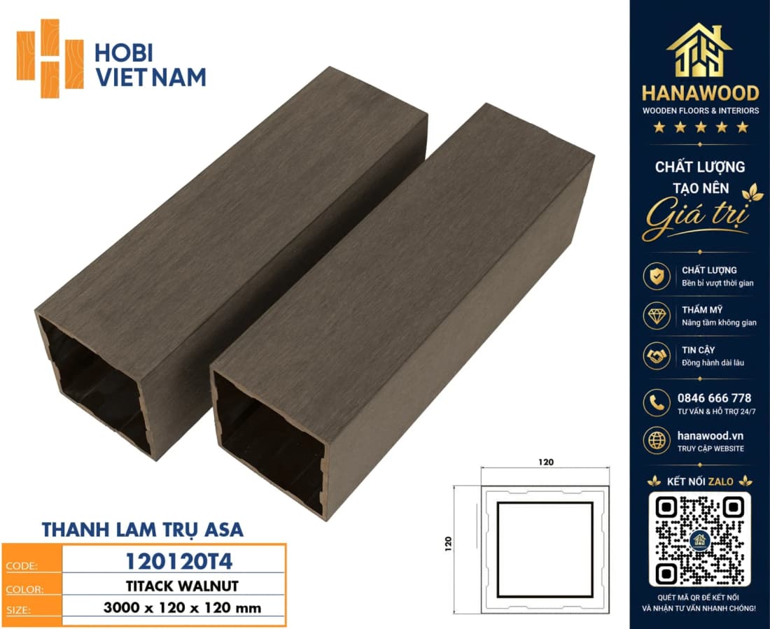 Thanh Lam Hộp Gỗ Nhựa Ngoài Trời Hobiwood 120120T4 kết cấu rỗng nhẹ giảm tải trọng công trình