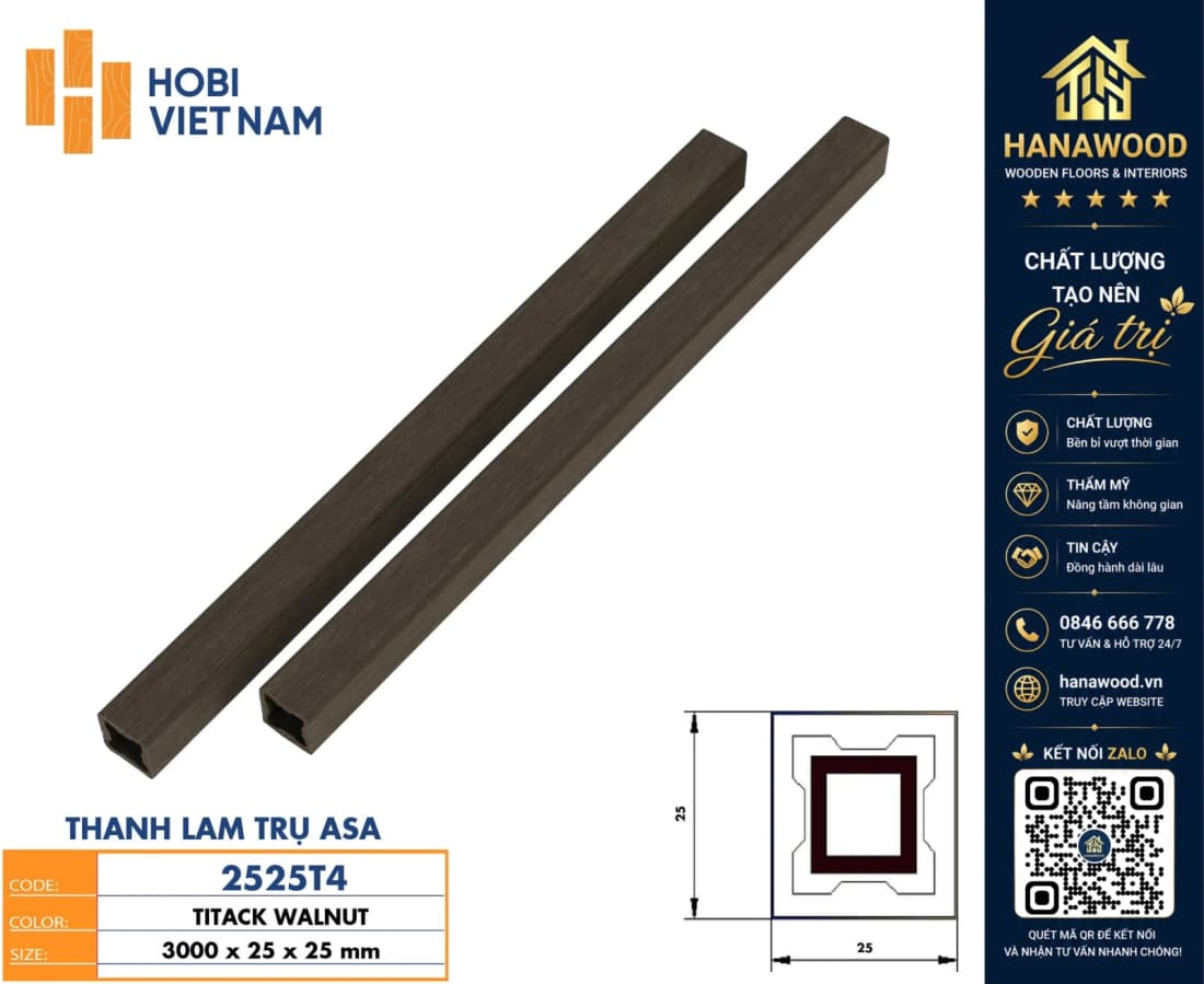Thanh Lam Gỗ Nhựa Phủ ASA Hobiwood 2525T4 khả năng chịu nhiệt cao chống nứt nẻ