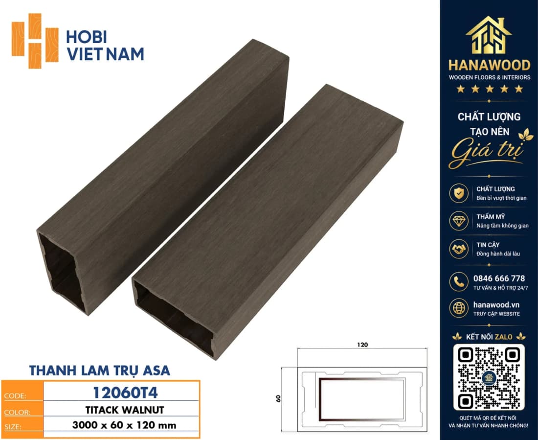 Thanh Lam Hộp Gỗ Nhựa Ngoài Trời Che Nắng Hobiwood 12060T4 lớp phủ ASA bảo vệ bề mặt tối ưu