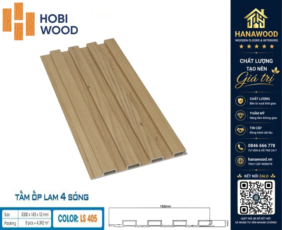 Lam 4 Sóng Ốp Trần Nhựa Giả Gỗ Hobiwood LS-405 hèm khóa thông minh thi công nhanh chóng