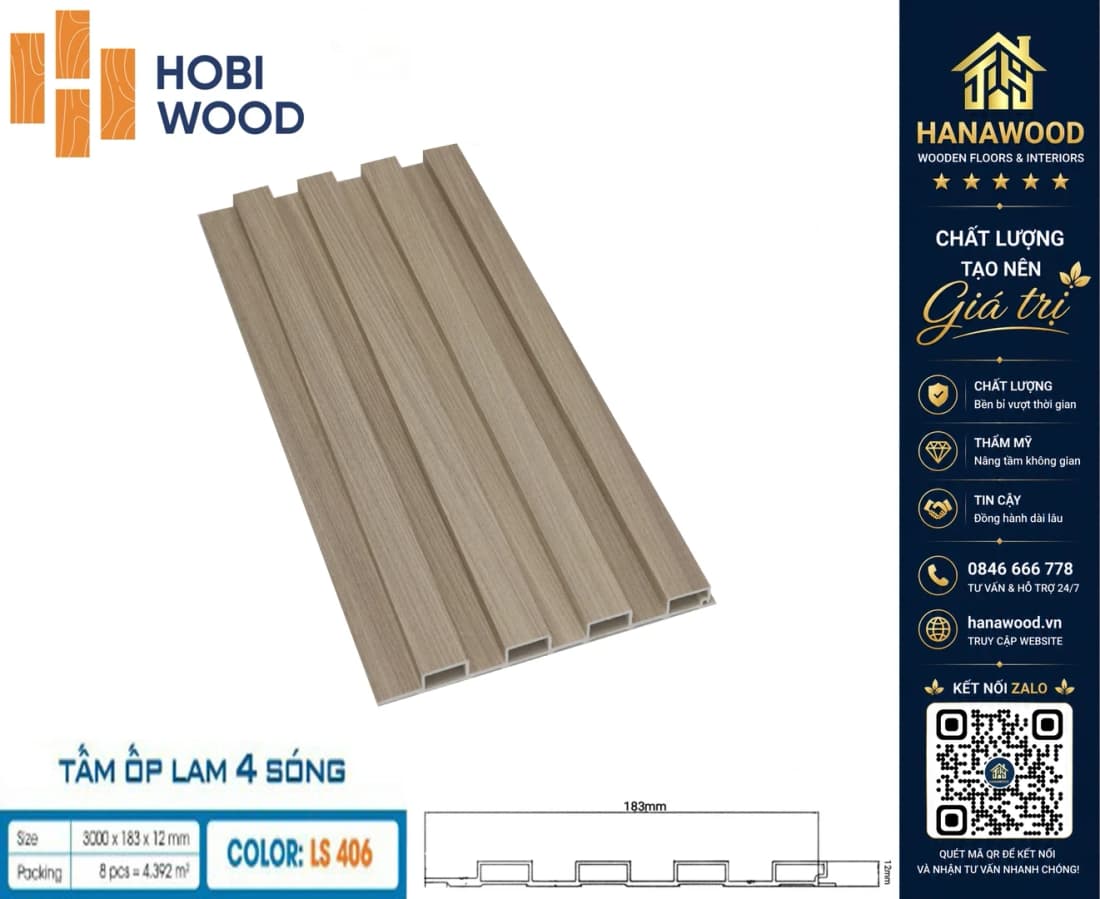 Lam 4 Sóng Nhựa Giả Gỗ Ốp Tường Hobiwood LS-406 tone màu mộc mạc sang trọng hiện đại