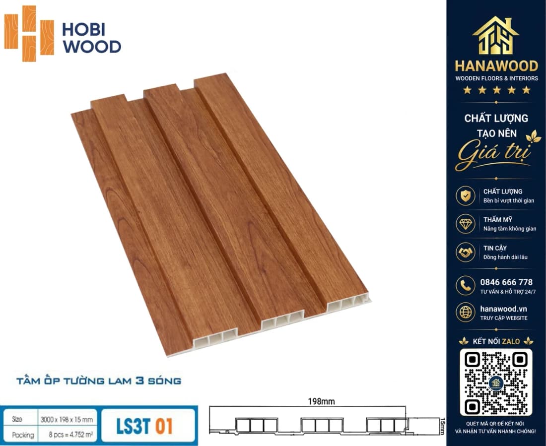 Tấm Ốp Lam 3 Sóng Thấp Nhựa Giả Gỗ Hobiwood LS3T-01 chống ẩm mốc không cong vênh chịu lực tốt