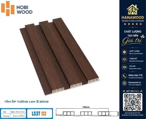 Tấm Nhựa Ốp Tường Lam 3 Sóng Thấp Hobiwood LS3T-02 bề mặt phủ vân gỗ chống bám bụi bẩn