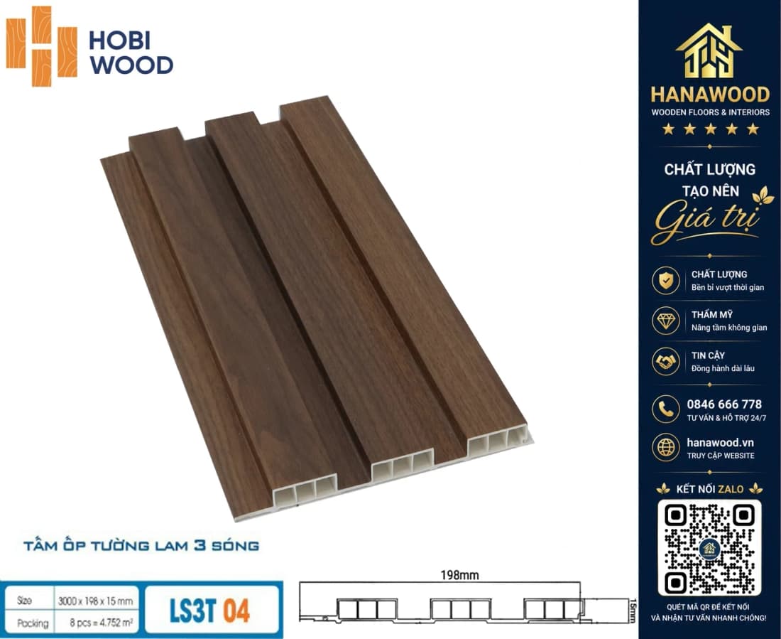 Lam Sóng Thấp Nhựa Giả Vân Gỗ Ốp Tường Hobiwood LS3T-04 phôi nhựa PVC cứng cáp độ bền cao