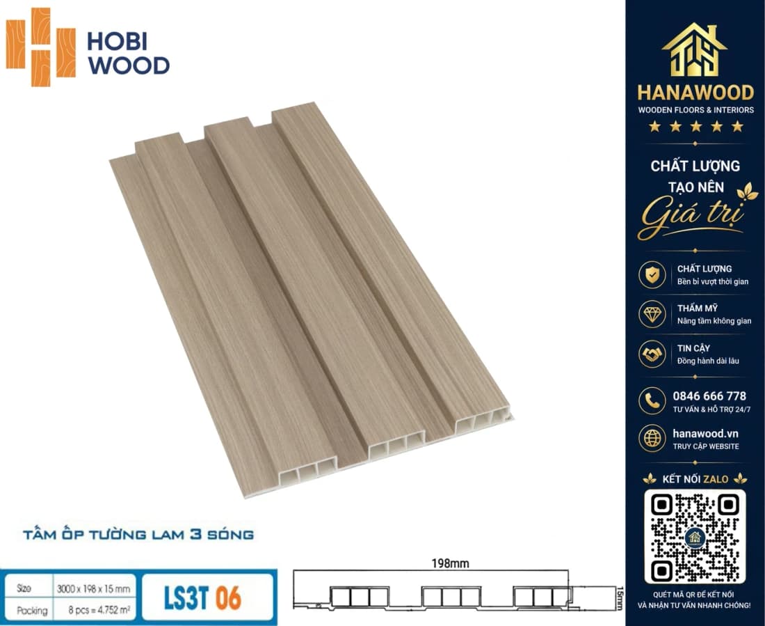 Lam 3 Sóng Thấp Nhựa Giả Gỗ Ốp Trần Hobiwood LS3T-06 tone màu mộc mạc sang trọng hiện đại